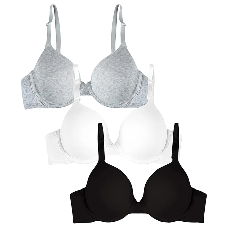 Fruit of the Loom Women's T-Shirt Bra, Black/White/Grey Heather, 34A (Pack of 3)