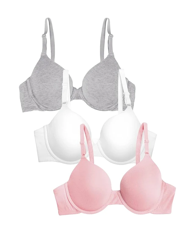 Fruit of the Loom Women's T-Shirt Bra, Opaque, Blushing Rose/White/Grey Heather, 34D (Pack of 3)