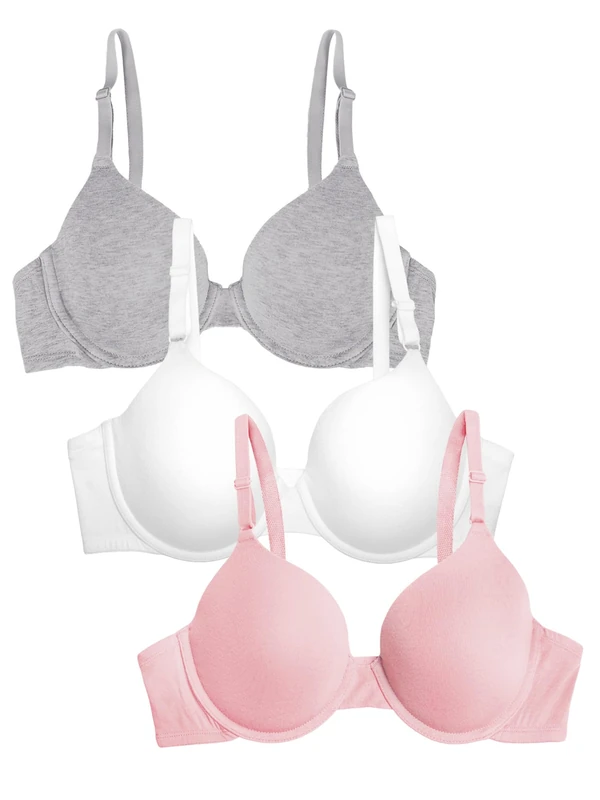 Fruit of the Loom Women's T-Shirt Bra, Opaque, Blushing Rose/White/Grey Heather, 34C (Pack of 3)