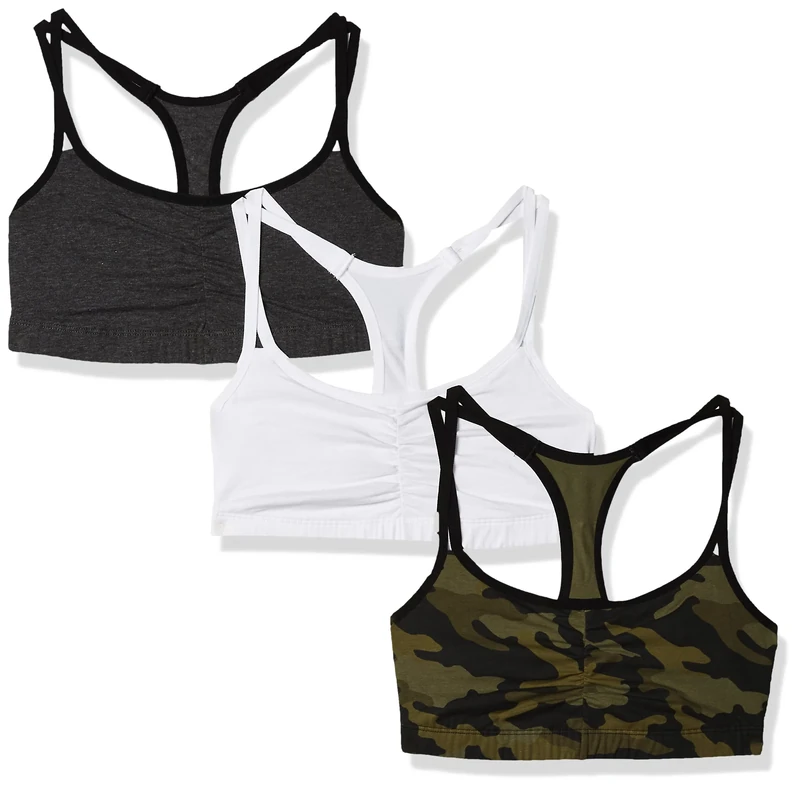 Fruit of The Loom Women's Spaghetti Strap Cotton Pullover Sports Bra, Camo/White/Charcoal with Black, 38