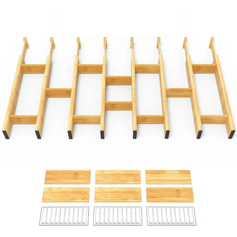 SpaceAid Bamboo Drawer Dividers with Inserts and Labels, Kitchen Adjustable Drawer Organizers, Expandable Organization for Home, Office, Dressers and Bathroom, 8 Dividers with 18 Inserts, 17-22 inch