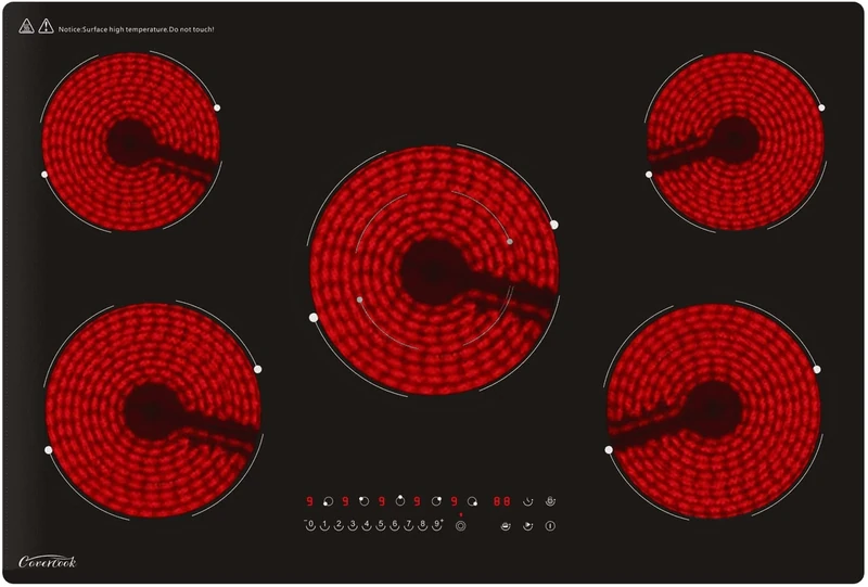 COVERCOOK 77cm Ceramic Hob, Built-in Black Glass 5 Burners Electric Cookers Hob, Touch Control Cooktop with Timer and Child Lock Function, 230V, 8200W