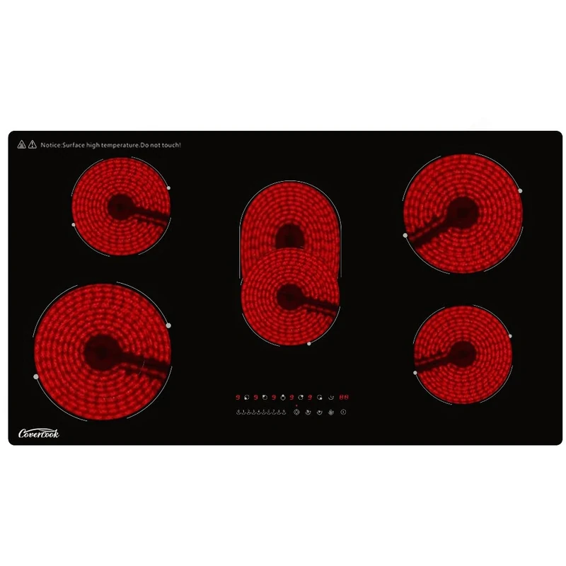 COVERCOOK 90cm Ceramic Hob, 5 Zones Hot Plate Burners Built-in Electric Cooktop with Dual Oval Zone, 8400W, Touch Control, Child Lock, 9 Power Levels, Black