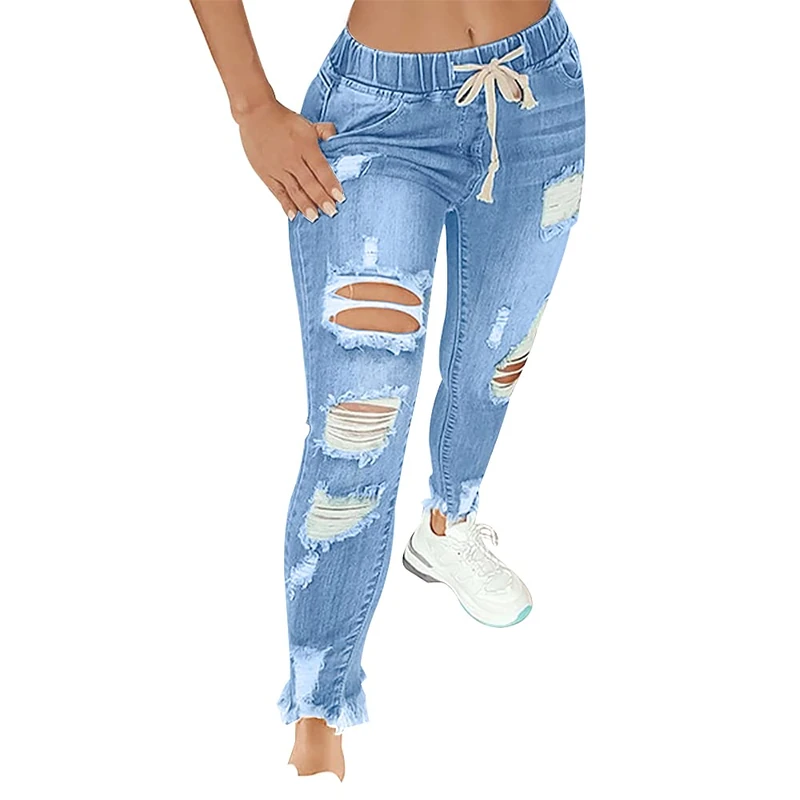 KUNMI Women High Waist Skinny Stretch Ripped Jeans Destroyed Denim Pants Plus Size, Light Blue, XXL