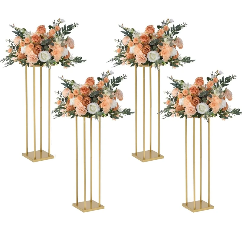Vincidern 4PCs Wedding Flower Stand Centerpieces for Floral Arrangement, 31.5 in Tall Metal Flower Vase Stand for Wedding, Party, Events Reception Table Decor, Gold Rectangular Flower Display Stand