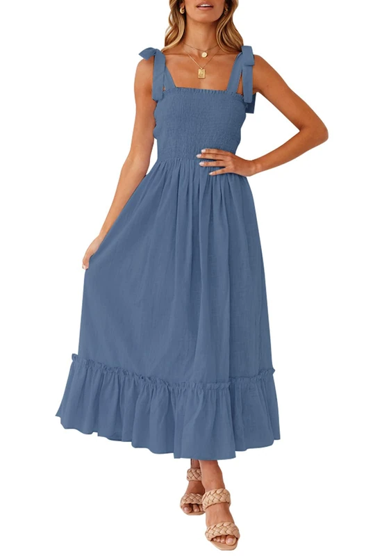 ZESICA Women's 2024 Summer Boho Spaghetti Strap Square Neck Solid Color Ruffle A Line Beach Long Maxi Dress, Dustyblue, Small