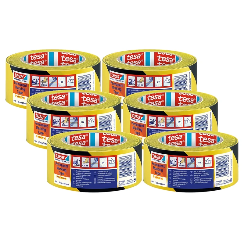 tesa 4169 Floor Marking - Pack of 6 - PVC Floor Marking Tape for Indoor and Outdoor Use - Marking Tape for Sensitive and Rough Floor Surfaces - 33 m x 5 cm, Black/Yellow