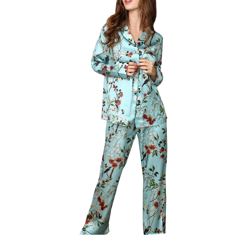 DISSA Women Blue Floral 100% Silk Pajama Set Top and Capri Pants Sleepwear 19 Momme Silk Long Sleeve Sleepwear,L,T8166