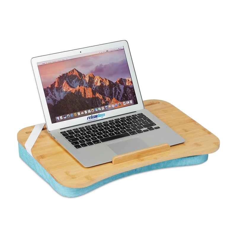 Relaxdays Lapdesk, Bamboo, Memory Foam Cushion, WxD: 51 x 36 cm, Handle, Tray for Working on Bed & Sofa, Natural/Blue