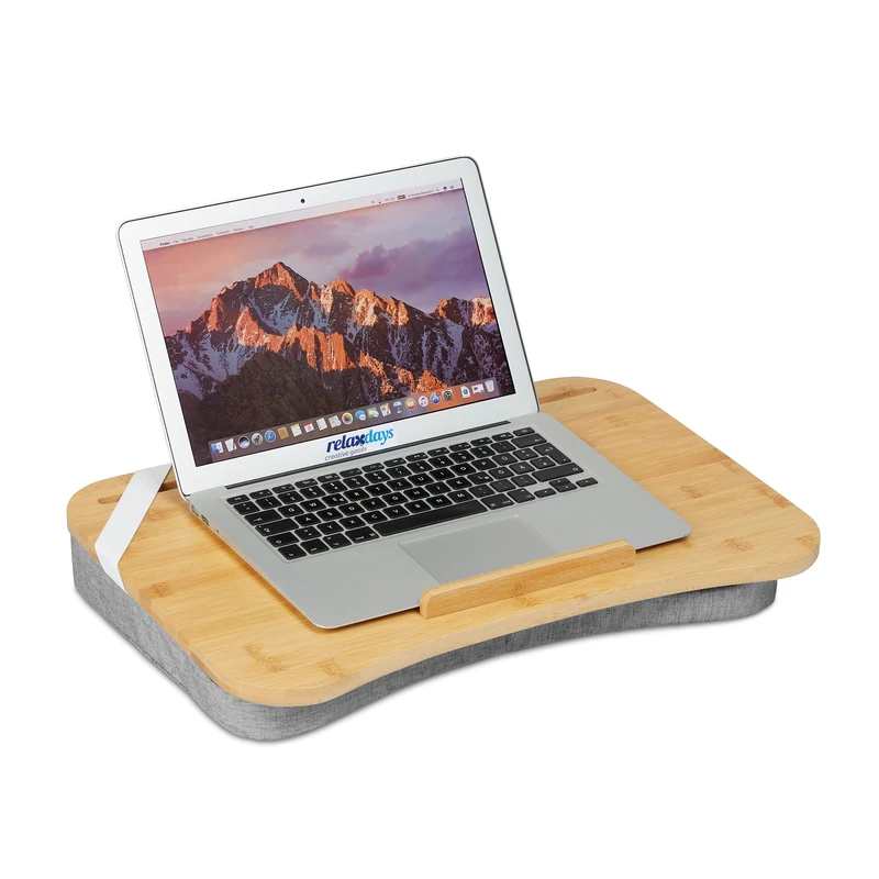 Relaxdays Lapdesk, Bamboo, Memory Foam Cushion, WxD: 51 x 36 cm, Handle, Tray for Working on Bed & Sofa, Natural/Grey
