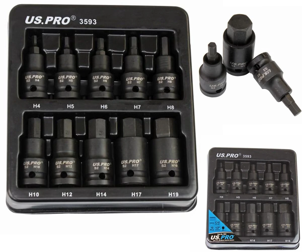 US PRO Tools 10pc Impact Hex Bit Socket Set 1/2'' Drive 4mm to 19mm 3593