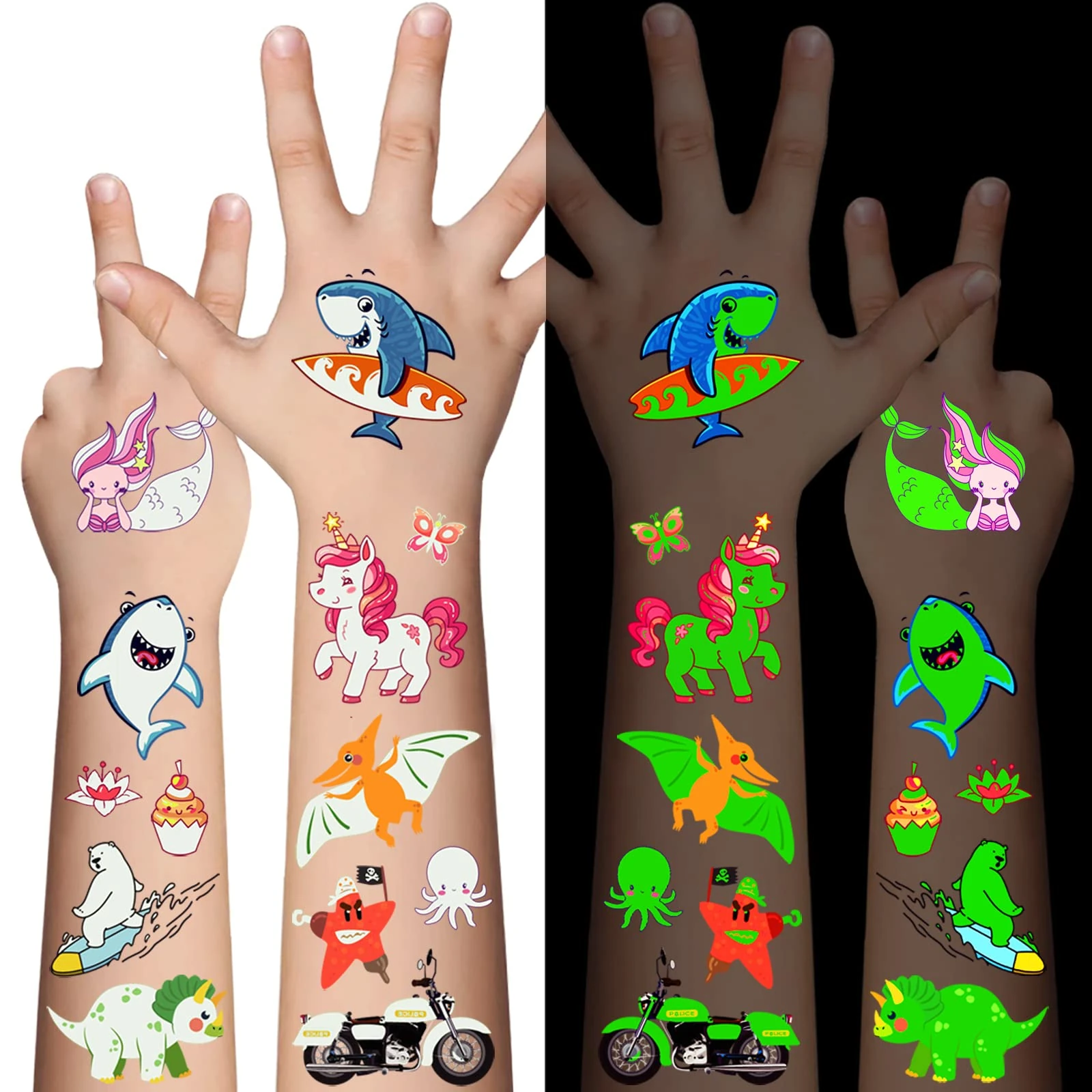 Awinmay 310 Pcs Luminous Temporary Tattoos for Kids,Mixed Styles Glow In The Dark Tattoos for Boys and Girls,Butterfly Dinosaur Pirate Mermaid Fake Tattoo Stickers,Glow Party Supplies Arts and Crafts