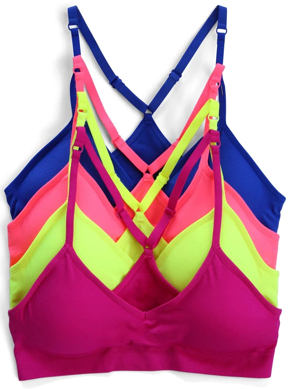 Kalon 4 Pack Racerback Sports Bralette V Neck for Women, Neons, XL