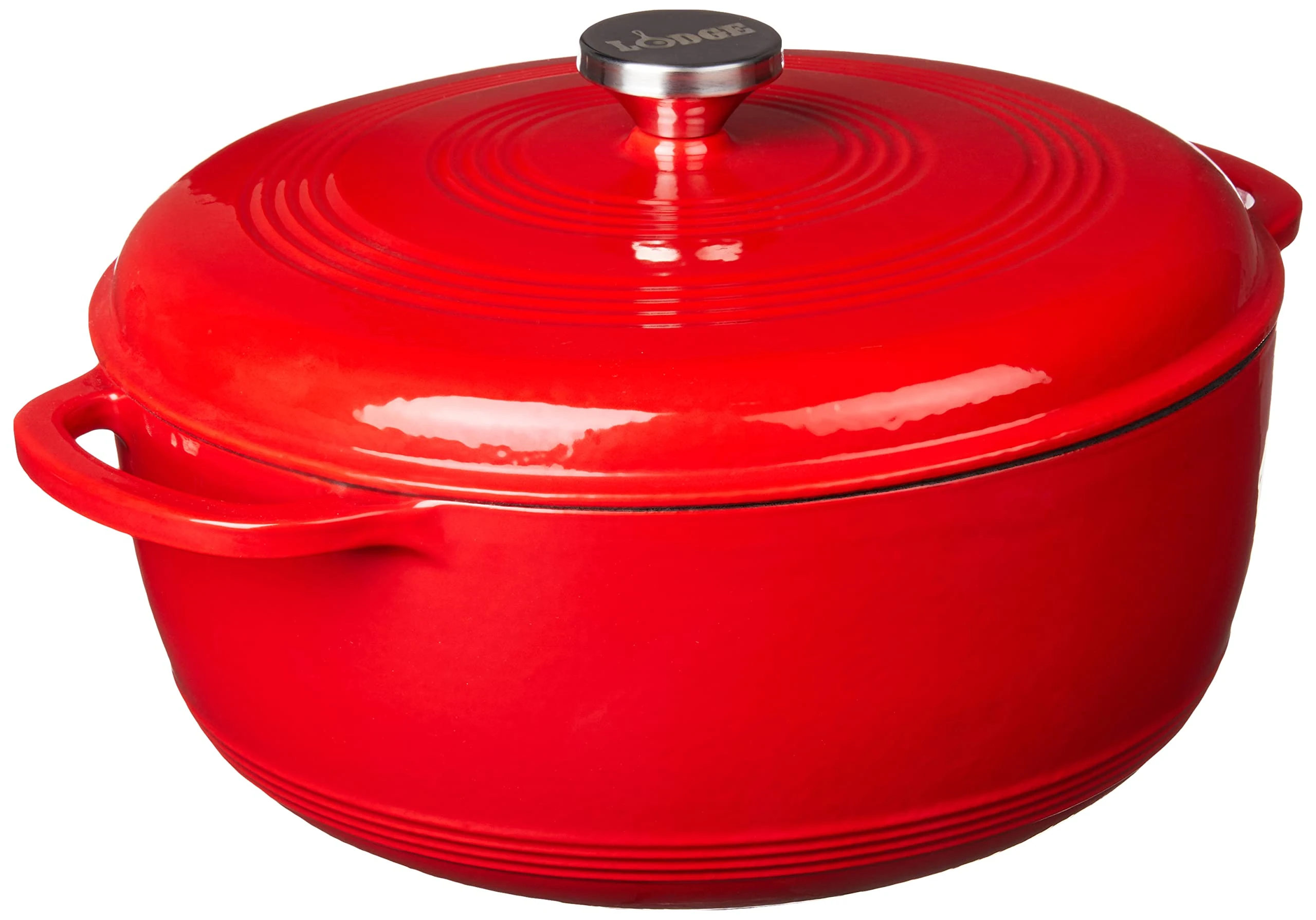 Lodge 7.5 Quart Enameled Cast Iron Dutch Oven with Lid – Dual Handles – Oven Safe up to 500° F or on Stovetop - Use to Marinate, Cook, Bake, Refrigerate and Serve – Solid Red