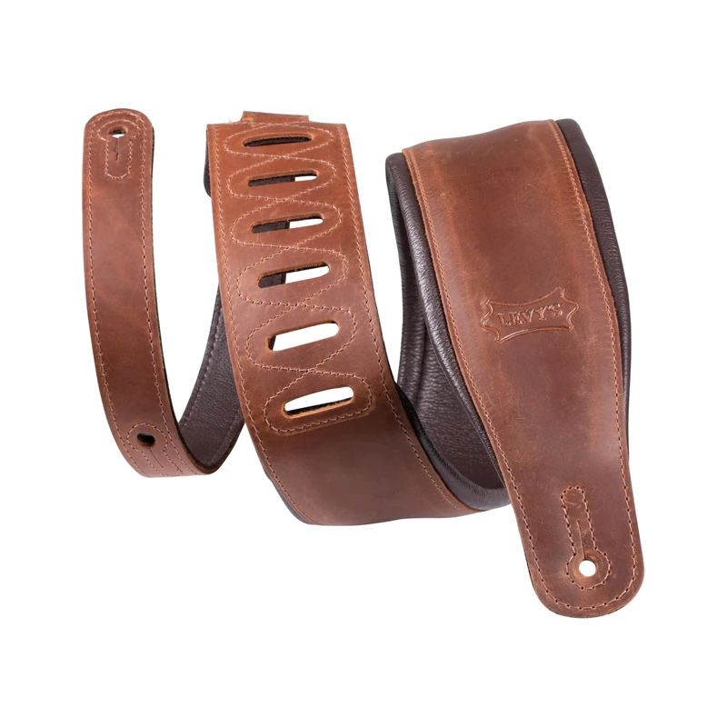 Levy's Like Butter Padded Leather 3.25 inch Guitar Strap - Distressed Brown