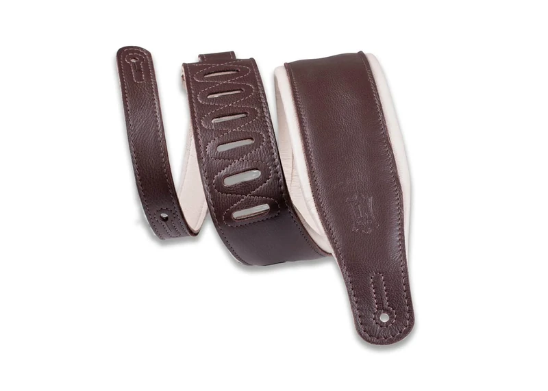 Levy's Staple Garment Leather Padded 3.25 inch Guitar Strap - Dark Brown on Cream