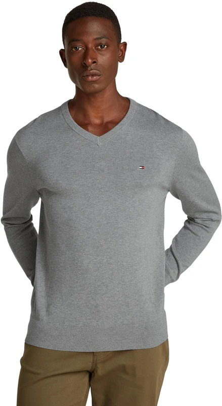 Tommy Hilfiger Men’s V-Neck Essential Cotton Jumper, Grey (Medium Grey Heather), S