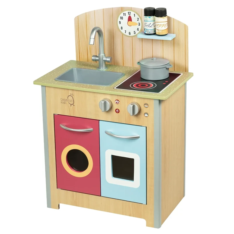Teamson Kids Little Chef Porto Classic Interactive Wooden Play Kitchen with a Sink and Oven, and Storage Space for Easy Clean Up, Natural Wood Finish