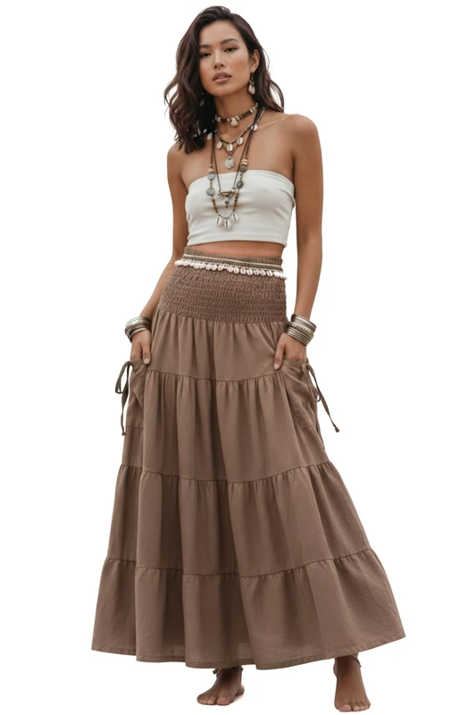 Thaluta Maxi Boho Skirt Long Pockets Cotton Hippie Bohemian Elastic Waist Gypsy Skirt, Desert Orchid, One Size - Image 1