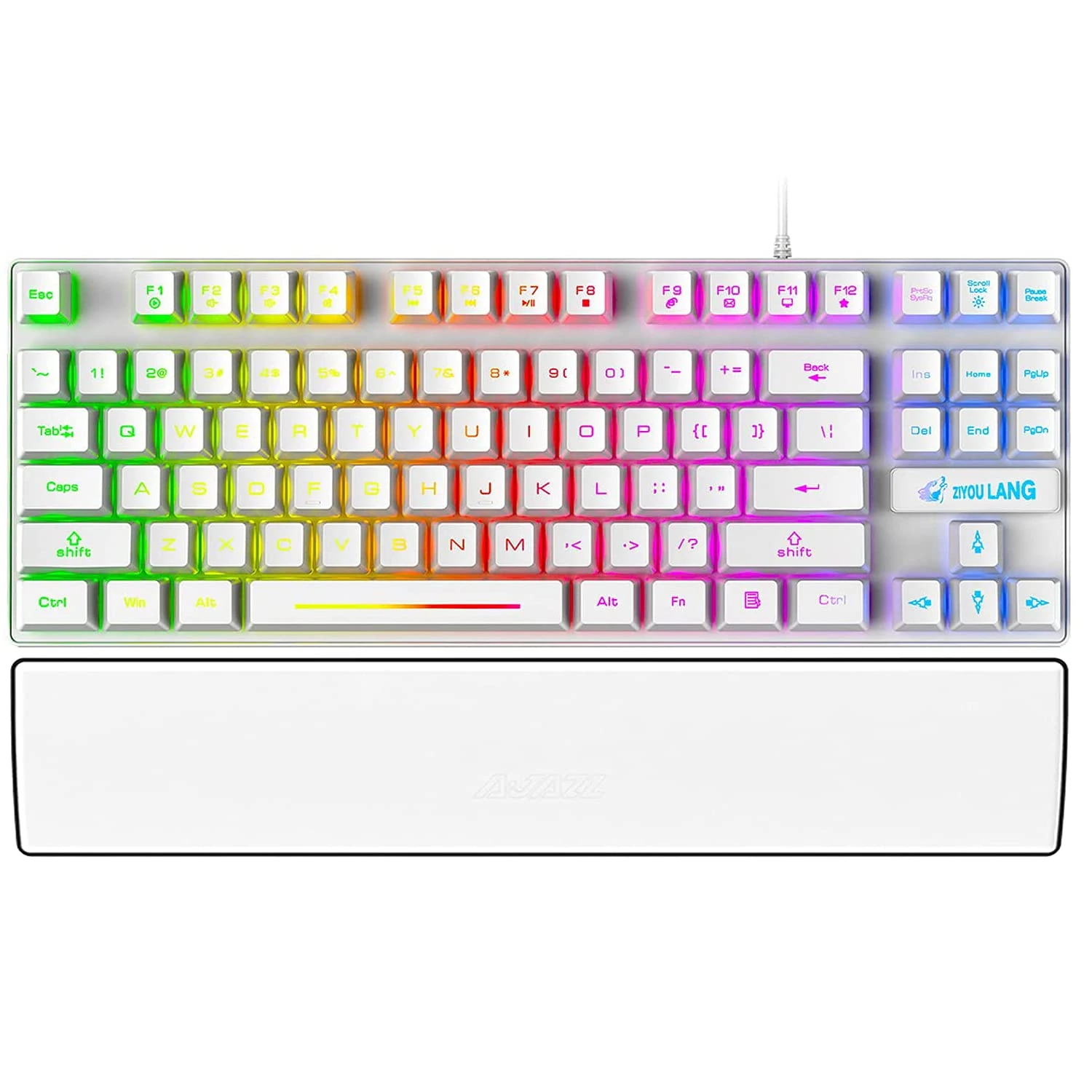 60% Gaming Keyboard with Wrist Rest, 87 Keys Mechanical Feeling Multi Color RGB Illuminated LED Backlit Wired, Anti ghosting Mini Compact Waterproof TKL PBT Keycaps for PC/Laptop/Computer-White