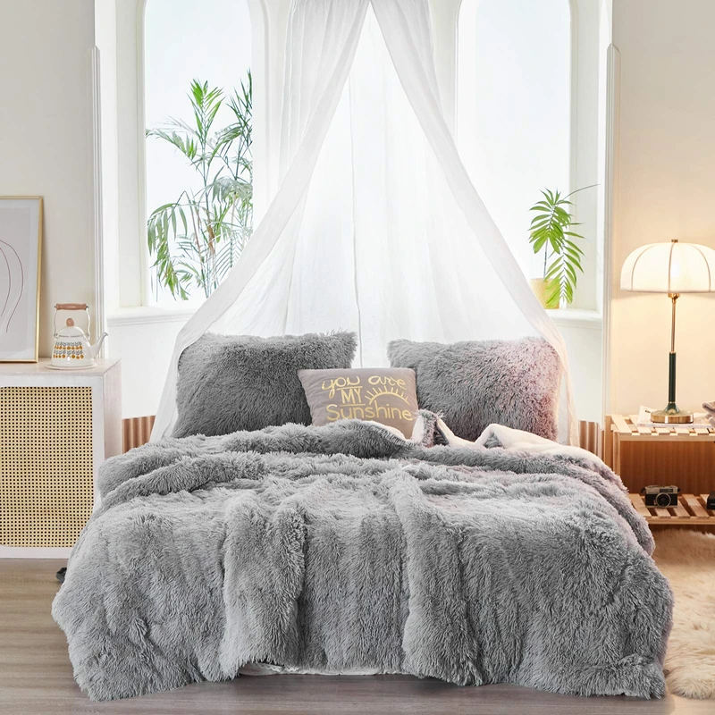 Joyreap 3PCS Plush Shaggy Comforter Set, King Size Luxury Faux Fur Velvet Fluffy Bedding Set for All Season (Light Gray, 100x88 inches) - Image 1