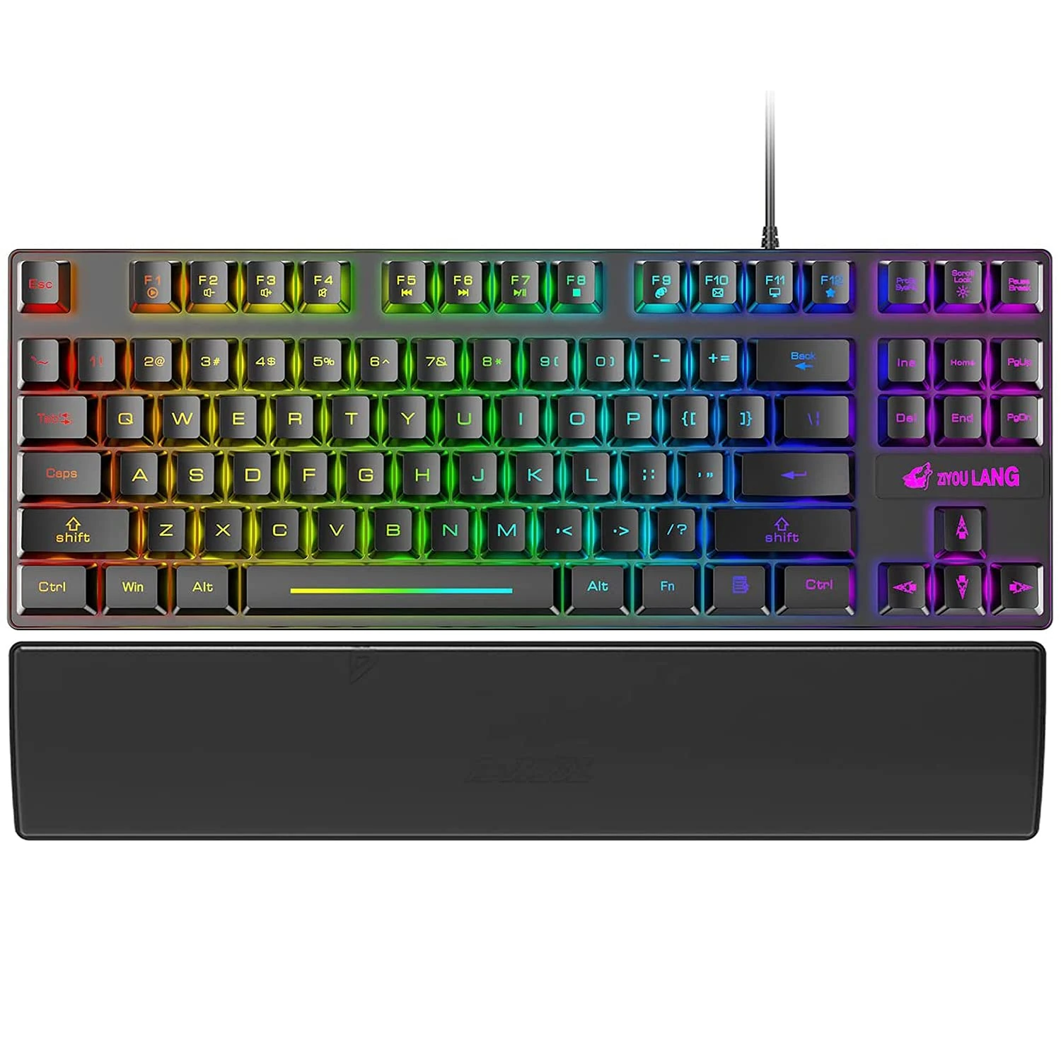 60% Gaming Keyboard with Wrist Rest, 87 Keys Mechanical Feeling Multi Color RGB Illuminated LED Backlit Wired, Anti ghosting Mini Compact Waterproof TKL PBT Keycaps for PC/Laptop/Computer-Black