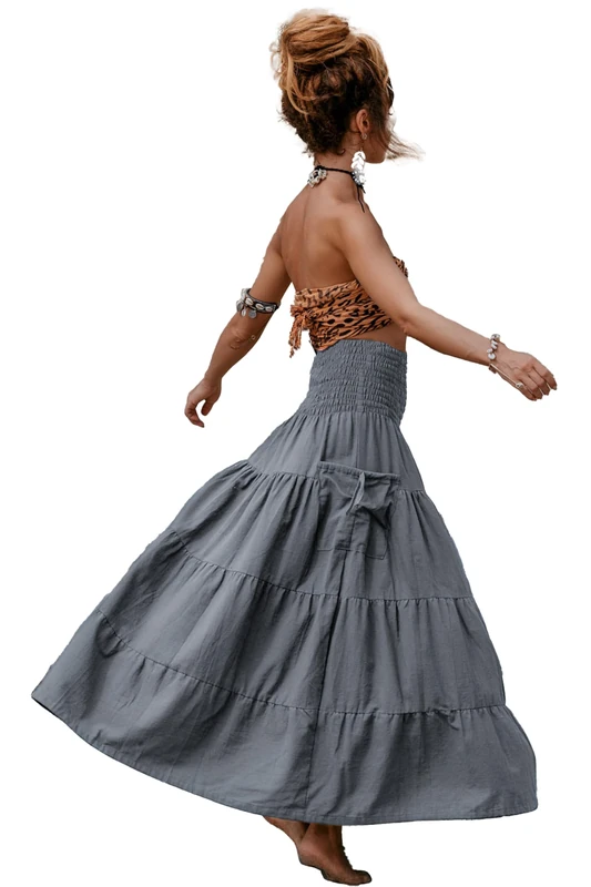 Thaluta Maxi Boho Skirt Long Pockets Cotton Hippie Bohemian Elastic Waist Gypsy Skirt, Grey, One Size