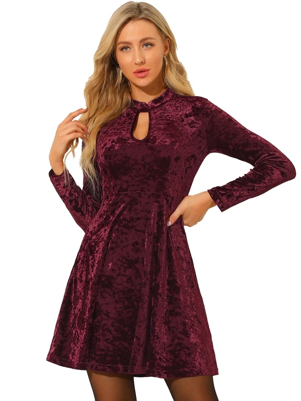 Allegra K Women's Keyhole Neck Dresses High Waist Long Sleeve Christmas Velvet Swing Mini Dress, Burgundy, M