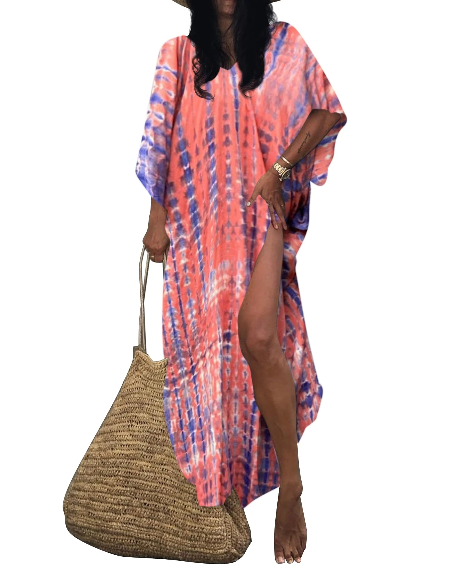 Bsubseach Women Beach Kaftan Dresses Stripe Print Plus Size Bathing Suit Cover Ups Caftan Loungewear Dress Pink Purple