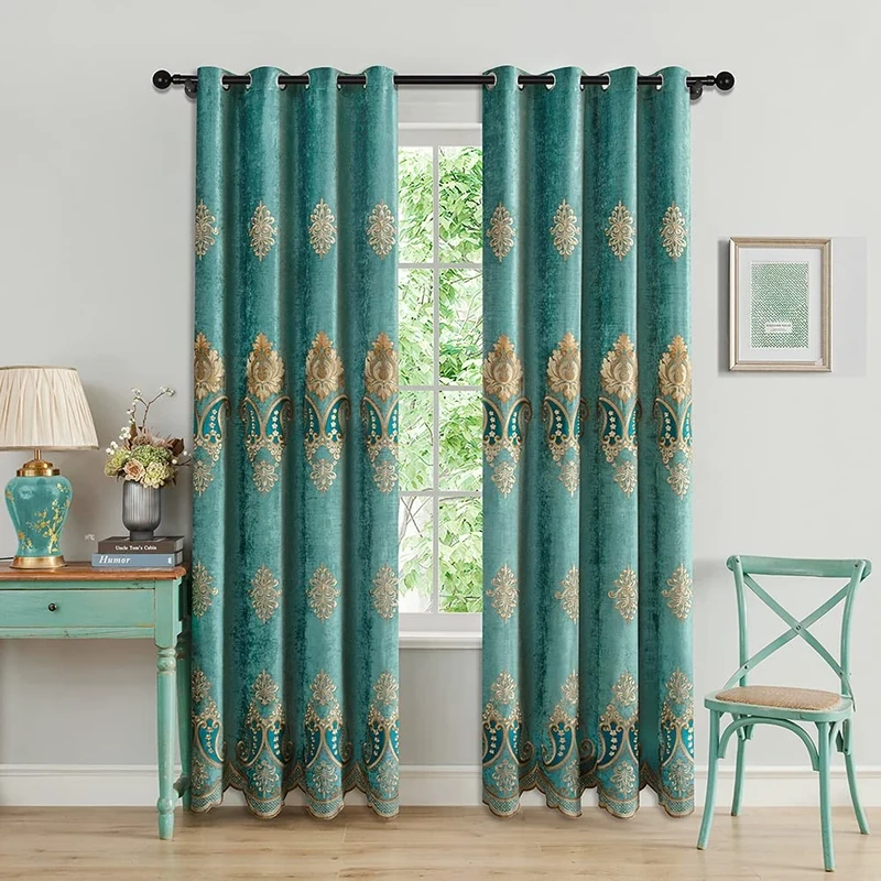 ELKCA Turquoise Chenille Curtain Sets with Embroidered Pattern for Living Room European-Style Curtains for Bedroom,Grommet Top (52" W x 96" L,Pack of 2)