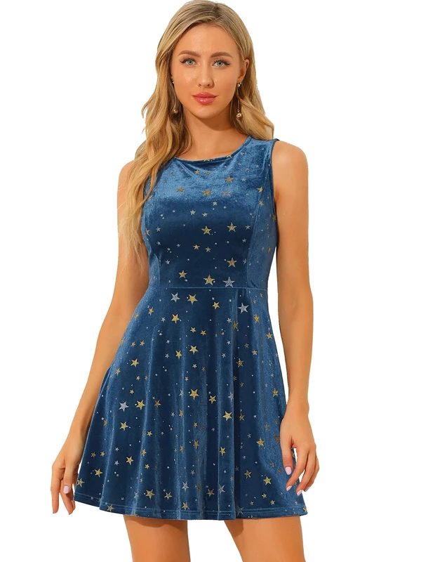 Allegra K Women's Shiny Stars Print Sleeveless Swing Mini Velvet Dress, Blue, L
