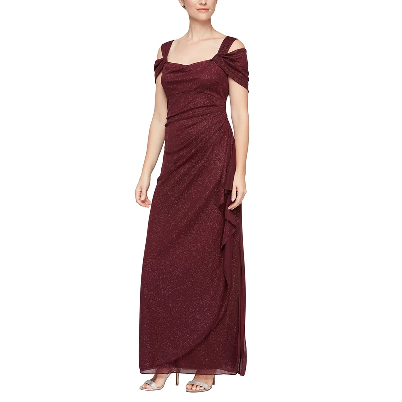 Alex Evenings Women's Long Cold Shoulder Dress (Petite and Regular Sizes), Fig Glitter, 8