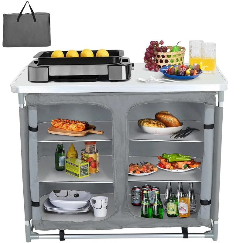 Warmiehomy Folding Camping Storage Unit Portable Camping Kitchen Unit, Camping Cupboard with Aluminium Frame, 1 double cupboard, Grey,100×50×80cm