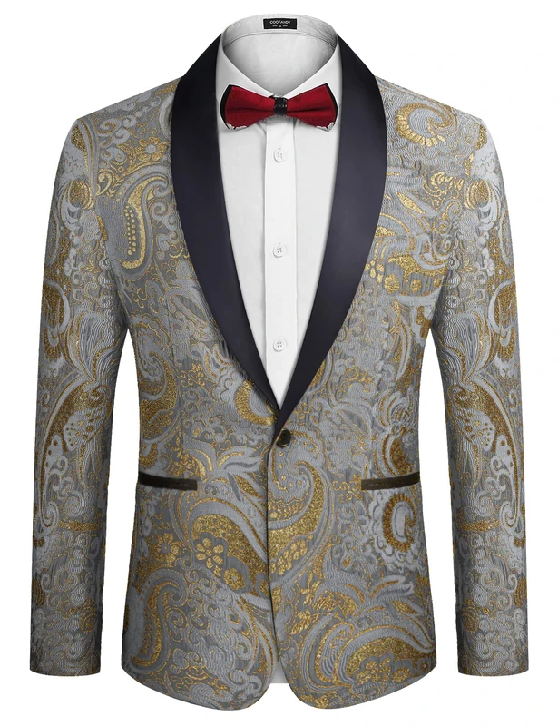 Coofandy Men's Floral Tuxedo Jacket Luxury Embroidered Suit Wedding Blazer Dinner Tuxedo for Party, Grey, M