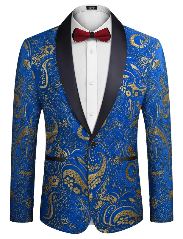 COOFANDY Men's Floral Dress Suit Luxury Embroidered Wedding Blazer Dinner Tuxedo Jacket for Party, Royal Blue, Medium