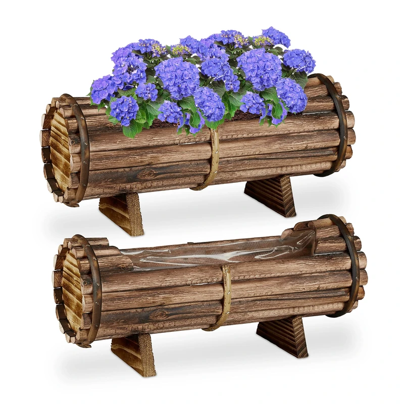 Relaxdays Flower Box, Wooden, Set of 2, Plantpot, HxWxD: 18 x 40 x 14 cm, Outdoor & Indoor, Planter with Foil, Brown, Wood