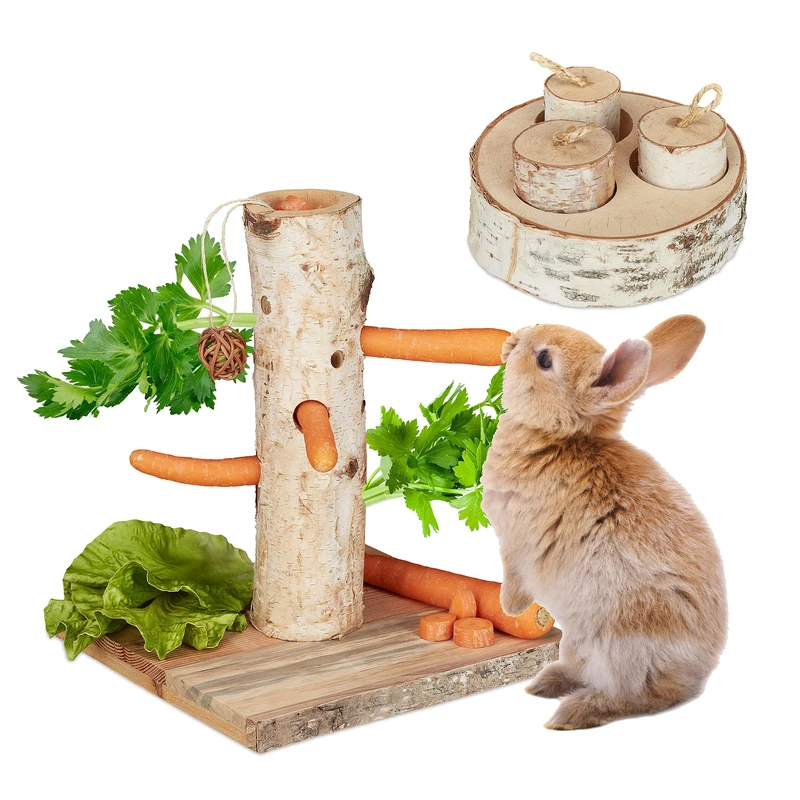 Relaxdays Rabbit Toy Set, 2 Pieces, Chew Activity, Feeding Tree, Rodent, Guinea Pig, Chinchilla, Wooden, Play, Natural, Wood, 32.5 x 27 x 26 cm - Image 1