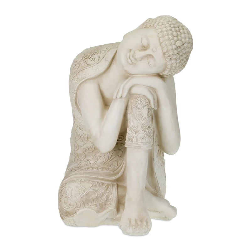 Relaxdays Buddha Statue, 61 cm Height, Garden Decoration, Weather and Frost Resistant, Living Room Deco, Cream White