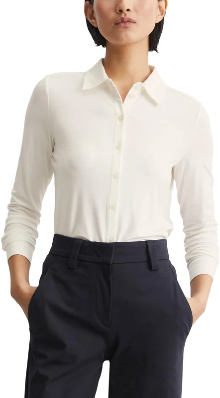Marc OߴPolo Women's Pointed Collar Jersey Blouse with Stretch, White (Off White), M - Image 1