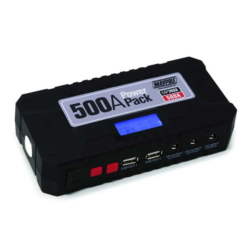 Maypole 500A Lithium Ion Power Pack for Jumpstarting Flat Car Batteries, Built in Power Bank for Mobile Phone Charging