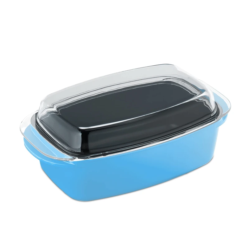Relaxdays Roasting pan with lid, non-stick coating, casserole dish, cast aluminium and glass, dishwasher safe, goose roaster, light blue