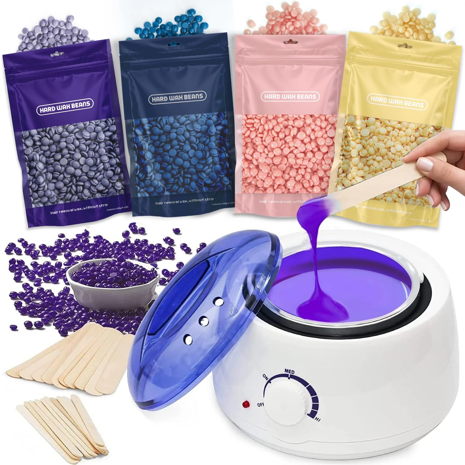 Waxing Kits Wax Warmer Full Kit, Wax Heater Kit with Wax Warmer, 4 * 100g Beads and 30 Pcs Spatulas, Painless at Home Wax Warme Hair Removal