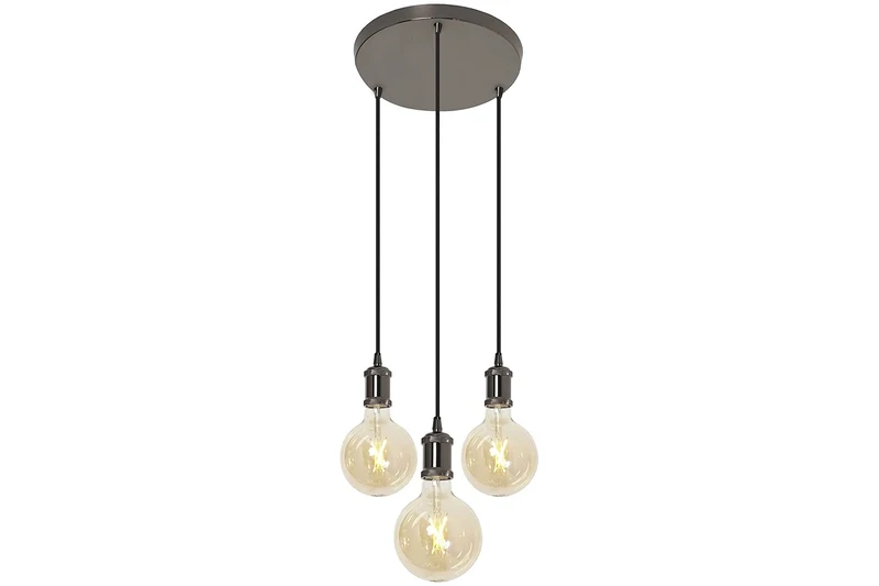 4lite Indoor Vintage 3-Way Circular Plate Pendant Ceiling Light (Blackened Silver) Light with 1.5m Adjustable Cable & 3X 640lm E27 G125 LED Smart Amber Coated Filament Bulb- 4L1/7016-4Yr Guarantee