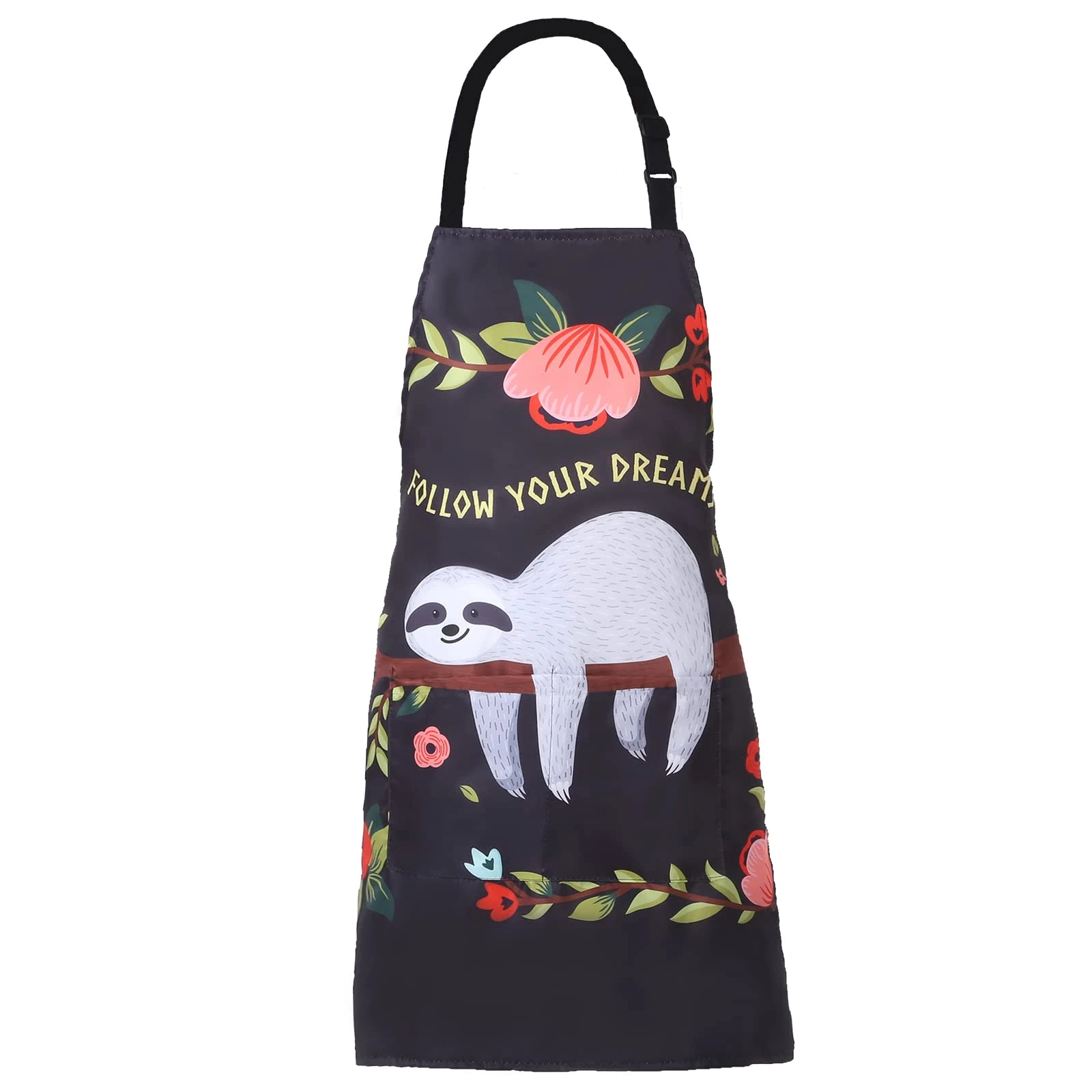 XIEJINJIA Cute Bib Apron Adjustable Extra Long Ties with 2 Pockets Cooking Baking Gardening Painting for Women Men Sloth