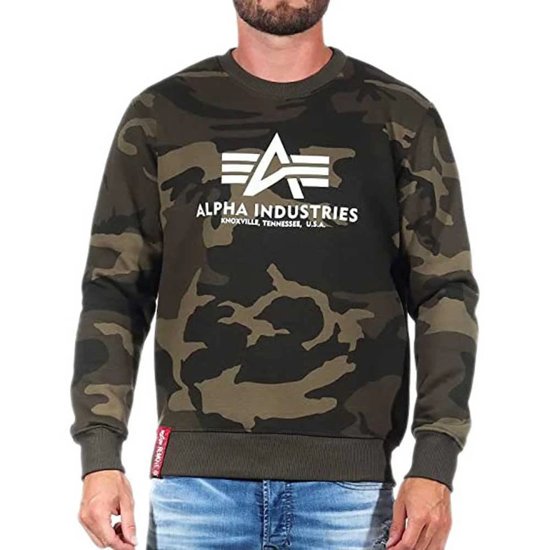 ALPHA INDUSTRIES Men's Basic Sweater Sweatshirt, Opaque, Olive (Olive camo), XS