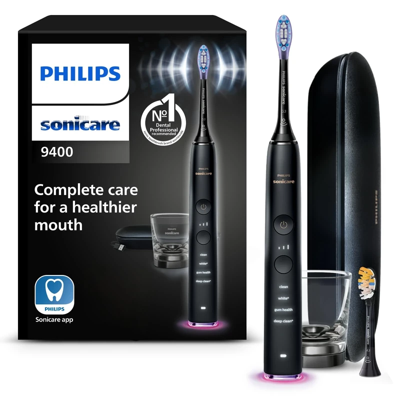 Philips Sonicare DiamondClean Smart 9400 Electric Toothbrush, Sonic Toothbrush with App, Pressure Sensor, Brush Head Detection, 4 Cleaning Modes and 3 Intensity Levels, Black, Model HX9917/89
