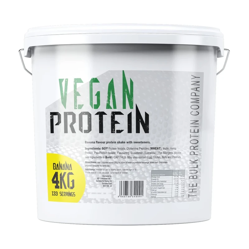 Vegan Protein 4kg - Plant Based Protein Powder - Supports Muscle Gains - Low Carbs & Low Fat - 133 Servings - The Bulk Protein Company (Banana)