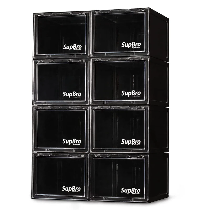 SupBro Collection Crate - Easy Access Storage Shoes Box -Plastic Foldable Stackable Sneaker Display Storage with Clear Front Door Organizer-8 Pack (Black) - Image 1