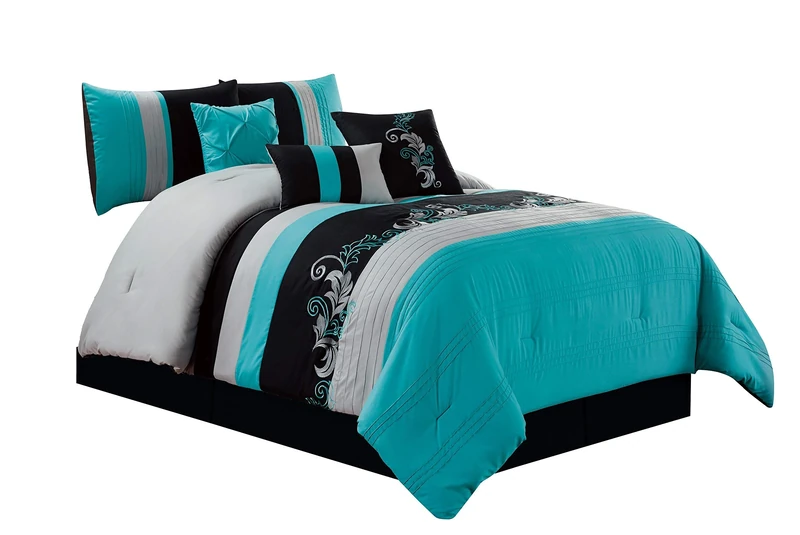 Chezmoi Collection Napa 7-Piece Luxury Leaves Scroll Embroidery Bedding Comforter Set (Full, Teal Blue/Gray/Black)