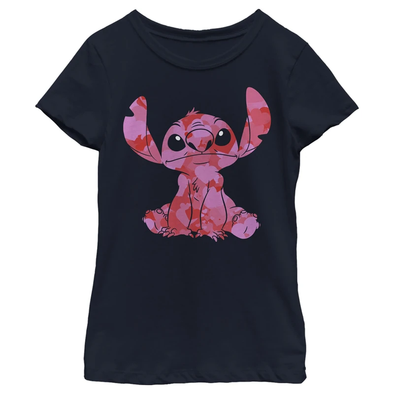 Disney Lilo & Stitch Stitch Heart Fill Girl's Solid Crew Tee, Navy Blue, Small, Navy, S